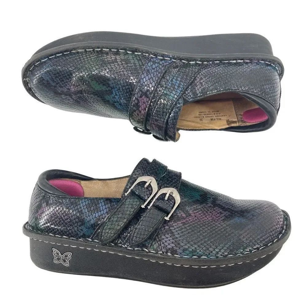 Alegria rainbow Clog Shoes Leather Round Toe Snakeskin Low Heels Multicolor 39